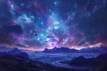 Enchanting night sky, vibrant tones of blue and purple, celestial beauty - wallpaper featuring galaxy and northern lights