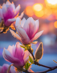 Fototapeta premium Fotografia ravvicinata di fiori di magnolia in piena fioritura, con colori magici e fantasiosi.