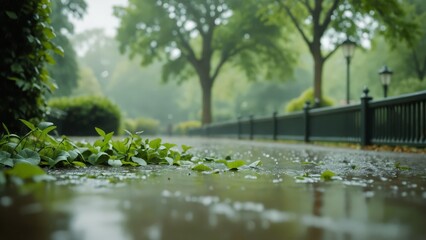 A serene, rainy day in a park with fresh green leaves, wet pathways, and misty trees creating a tranquil and peaceful atmosphere.
