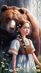 A charming girl with brown hair, braided, decorated with daisies, in a traditional Slavic sundress. She is standing next to her brown bear.