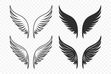 Vector Wing Icon Set. Vintage Angel Wings Silhouette, Icons, Logo Design Template, Clipart Collection. Cupid, Bird Wings. Vector Illustration