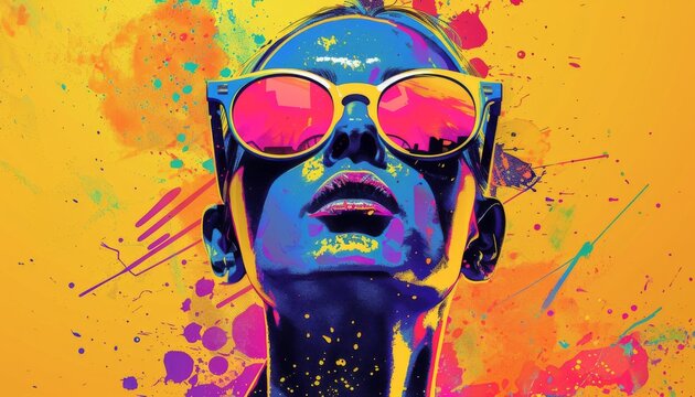 Pop Art Portrait of Woman in Sunglasses with Abstract Patterns on Colorful Background