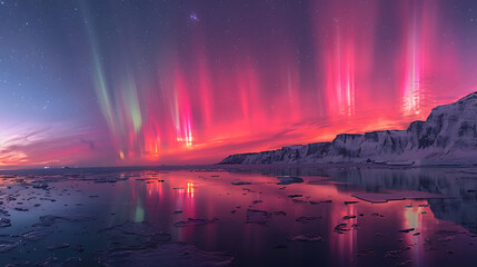 breathtaking image of Aurora Australis or Southern Lights illuminating night sky vibrant color above icy wilderness of Antarctica celestial display mirrored icy water below captivates observer etherea