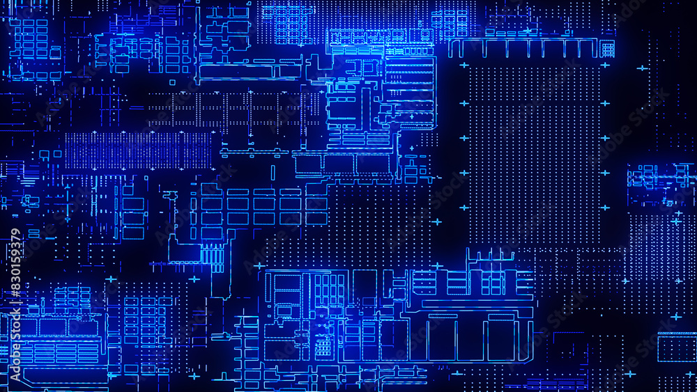 Poster printed circuit board. visualization of advanced technology concept: pcb processor microchip, digiti
