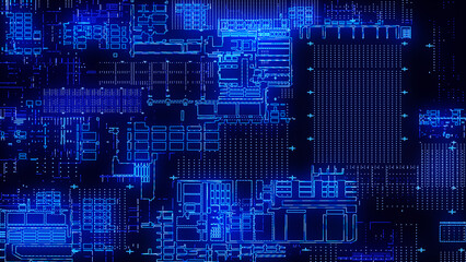 Printed circuit board. Visualization of advanced technology concept: PCB processor microchip, digitization of neural networks and cloud computing. Digital lines transmit data. 