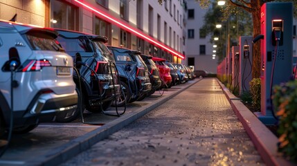 Obraz premium Public parking along the street with charging points for electric vehicles.