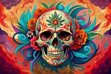 Colorful skull with floral patterns and a splashy watercolor background, Day of the Dead concept.  Bright and artistic sugar skull with roses and vibrant watercolor effects. Skull illustration
