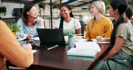 University, students and happy group studying for learning, education or laugh together on laptop. Teamwork, college friends and diverse people in funny discussion for test, exam or creative research - Powered by Adobe
