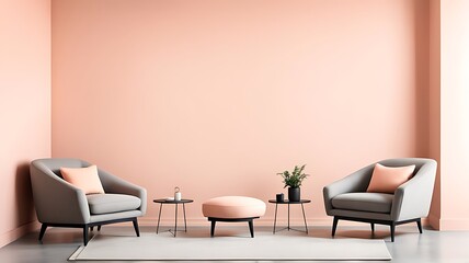 Peach fuzz trend color for 2024 in the premium living room with a painted mockup wall for art in peach pastel apricot warm tones, modern interior lounge design, accent premium gray chairs, 3D render

