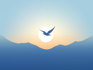 Gentle abstract background with a bird and mountains. Logo idea. Blue background. Digital art. Mountains