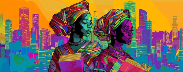 Obraz premium Urban Celebration pop Art with African Women. Colorful urban art celebrating Juneteenth, featuring two African women in traditional attire against a vibrant cityscape backdrop. Black History