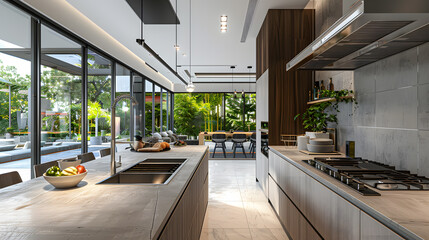 A large kitchen with a lot of counter space and a large island