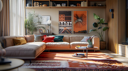 A living room with a large orange couch and a white ottoman