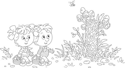 Funny little boy and girl mushroomers with their small baskets found many honey agaric mushrooms grown on an old tree stamp on a glade in a summer forest, black and white vector cartoon illustration