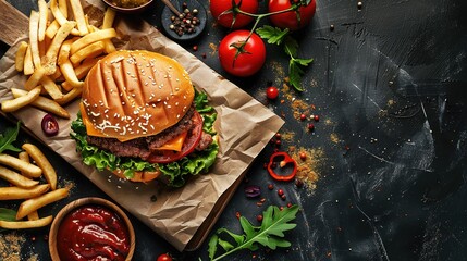 Gourmet Burger and Fries Spread.  Description: A delicious spread featuring a gourmet burger with...