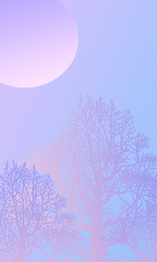 Night landscape, winter picture, 
sun and forest, trees, big moon, gradient background, holiday postcard, illustration nature 