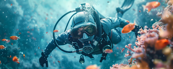 Diver swimming undersea between coral reef.
