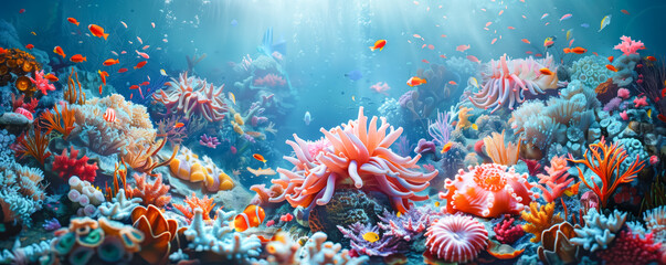 Undersea world on the bottom of the sea with different flora and fauna. Background concept.