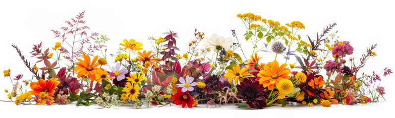 Beautiful flowers banner panorama  with  autumn flowers, cut out, isolated on white background
