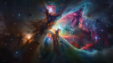 A colorful nebula with a bright orange cloud in the middle