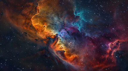 A colorful nebula with a bright orange cloud in the middle