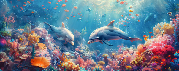Fototapeta premium Illustration of dolphins swimming undersea in sunlight.