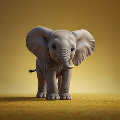 A charming 2D cartoon features a baby elephant. The adorable creature stands on its hind legs, gazing upwards with curiosity, against a cheerful yellow backdrop. (This focuses on the charming aspect a