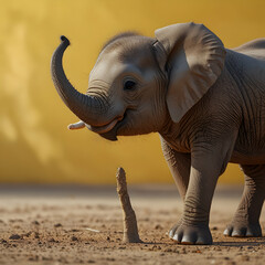 Fototapeta premium A charming 2D cartoon features a baby elephant. The adorable creature stands on its hind legs, gazing upwards with curiosity, against a cheerful yellow backdrop. (This focuses on the charming aspect a