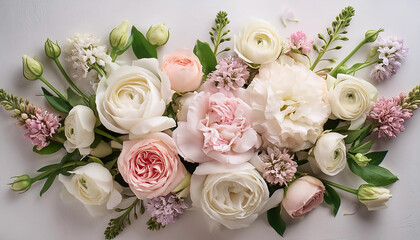 Disposizione "flat lay" di un bouquet romantico composto da rose, peonie e lisianthus dai colori pastello.