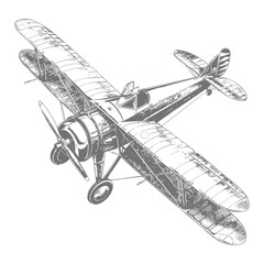 Biplane Aircraft full with old engraving sketch style