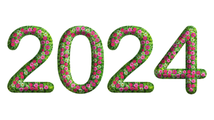 2024, 3d year theme design made from green grass and flower isolated on transparent background, PNG, suitable for template design	
