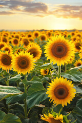 Fototapeta premium A large field of sunflowers under the sunset sky