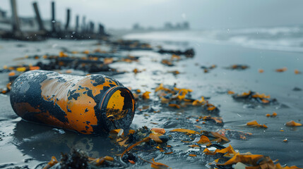 Obraz premium A bottle is laying on the beach, surrounded by seaweed and trash
