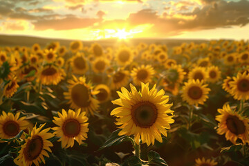 A large field of sunflowers under the sunset sky