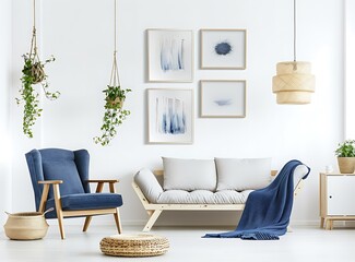 A white living room with blue accents, featuring an armchair and sofa, along with framed artwork on the wall