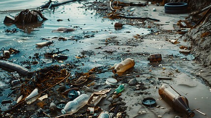 A beach is covered in trash, including bottles and other debris