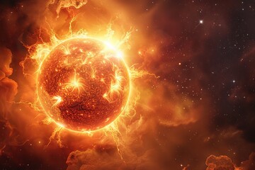Fototapeta premium Bright sun against dark starry sky in Solar System. Sun in Space. Solar Surface Activity, Corona. Heatwave hot sun. Climate Change. Global Warming. Temperature of Summer season. Geomagnetic storm