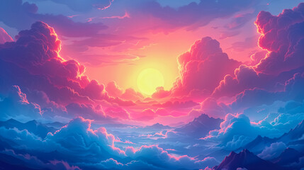 sunrise scene. The sun, a radiant orb, is positioned centrally amidst towering cumulus clouds. The sky transitions from warm pink and orange hues near the sun to cooler purples and blues farther away