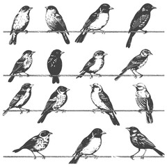 Fototapeta premium birds on wire full with old engraving sketch style