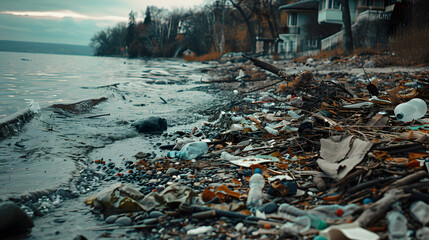 A beach covered in trash and debris, pollution.