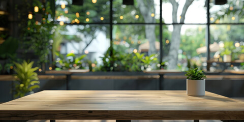 Obraz premium Café table, highlighted by natural wood tones and lush greenery through the window, creates a serene and inviting atmosphere.