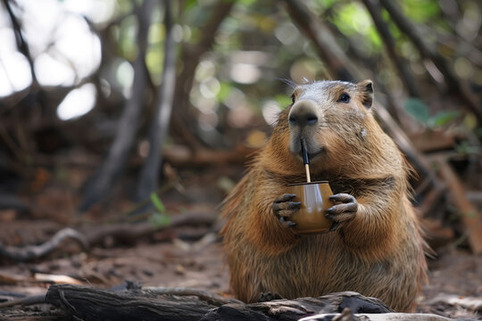 Realistic  funny photo of a capybara drinking mate yerba in the forest