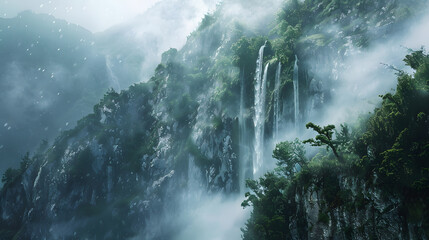 A waterfall with mist in the air