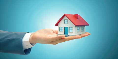 Concept of investment property, Mortgage. hand holding house symbol model, real estate concept. wide banner
