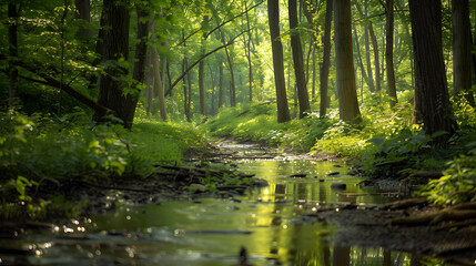 A forest with a stream running through it