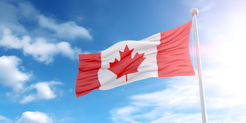 Canadian flag with sky and clouds.Canada national flag waving on blue sky background 3d illustration,