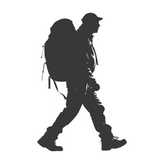 silhouette backpacker man in action full body black color only