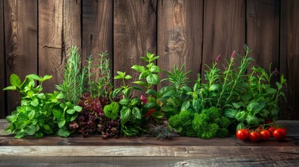Variety of fresh herbs and vegetables, cearls on wooden background