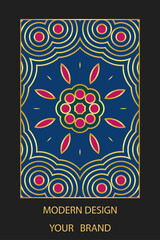 Book cover design, vertical template, black background with geometric ethnic color pattern, gold outline, stained glass in frame. Place for text. Ornaments of the East, Asia, India, Mexico, Aztec