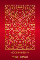 Book cover design, vertical template, red background with geometric ethnic gold pattern, stained glass in frame. Place for text. Floral ornaments of the East, Asia, India, Mexico, Aztec, Peru.